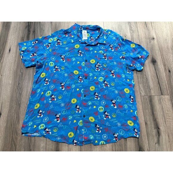 Disney Mickey Mouse Short Sleeve Shirt Blue Welcome Home All Over Print Mens XL - Picture 1 of 5